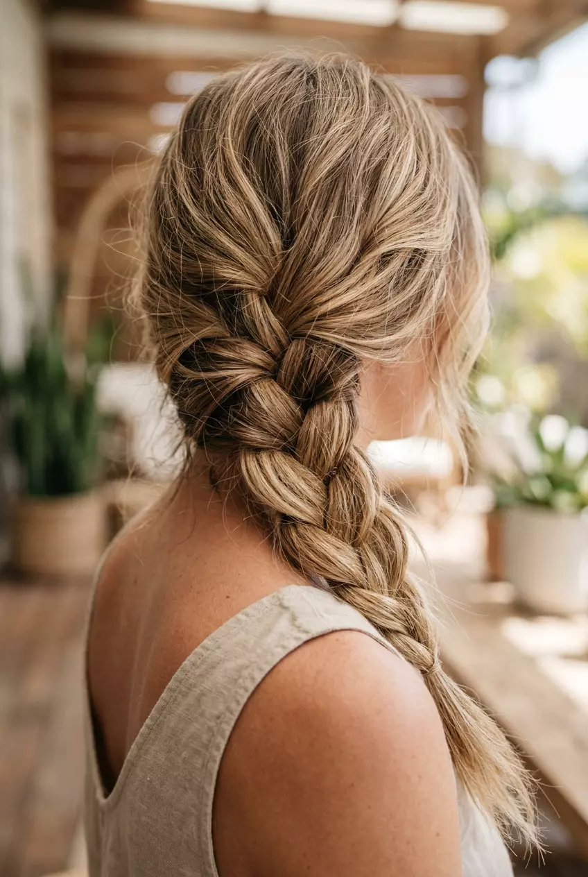 Sunset Copper Side Braid: Boho Summer Hairstyle 2026 long side braid with sunset copper and strawberry blonde highlights for summer