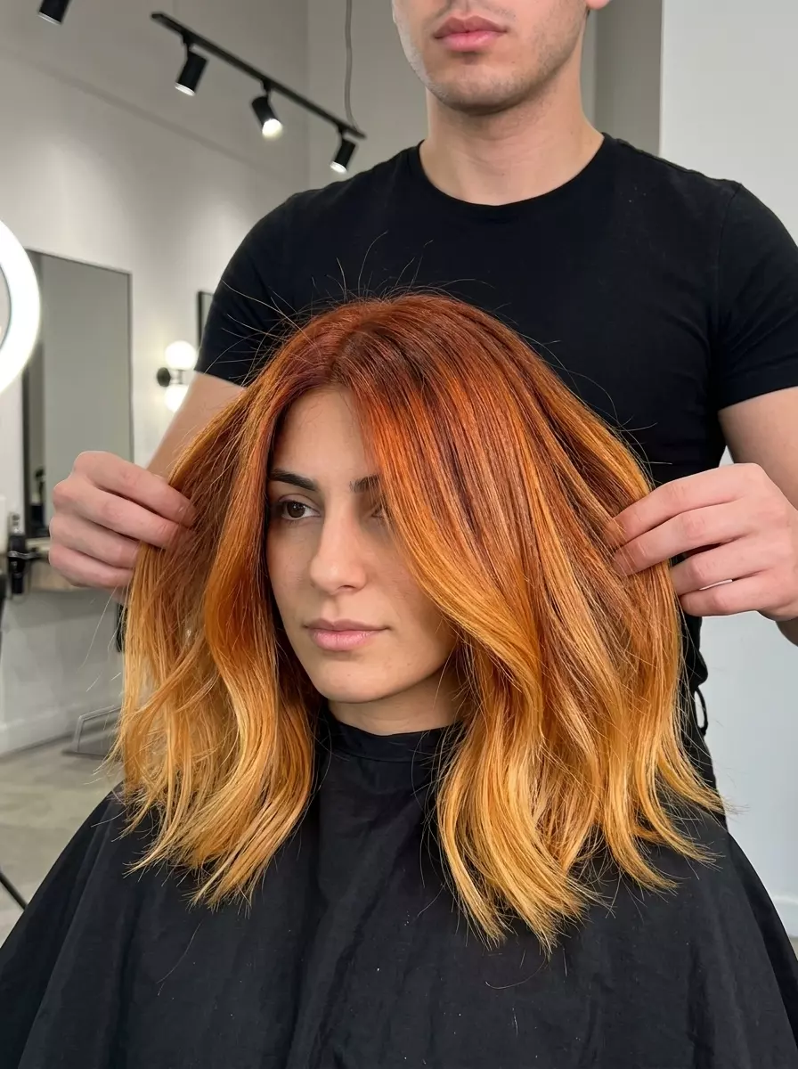 long shag cut copper summer ombre hair color with fiery orange and golden blonde, advanced multi-tonal color melt &mdash; bold festival style
