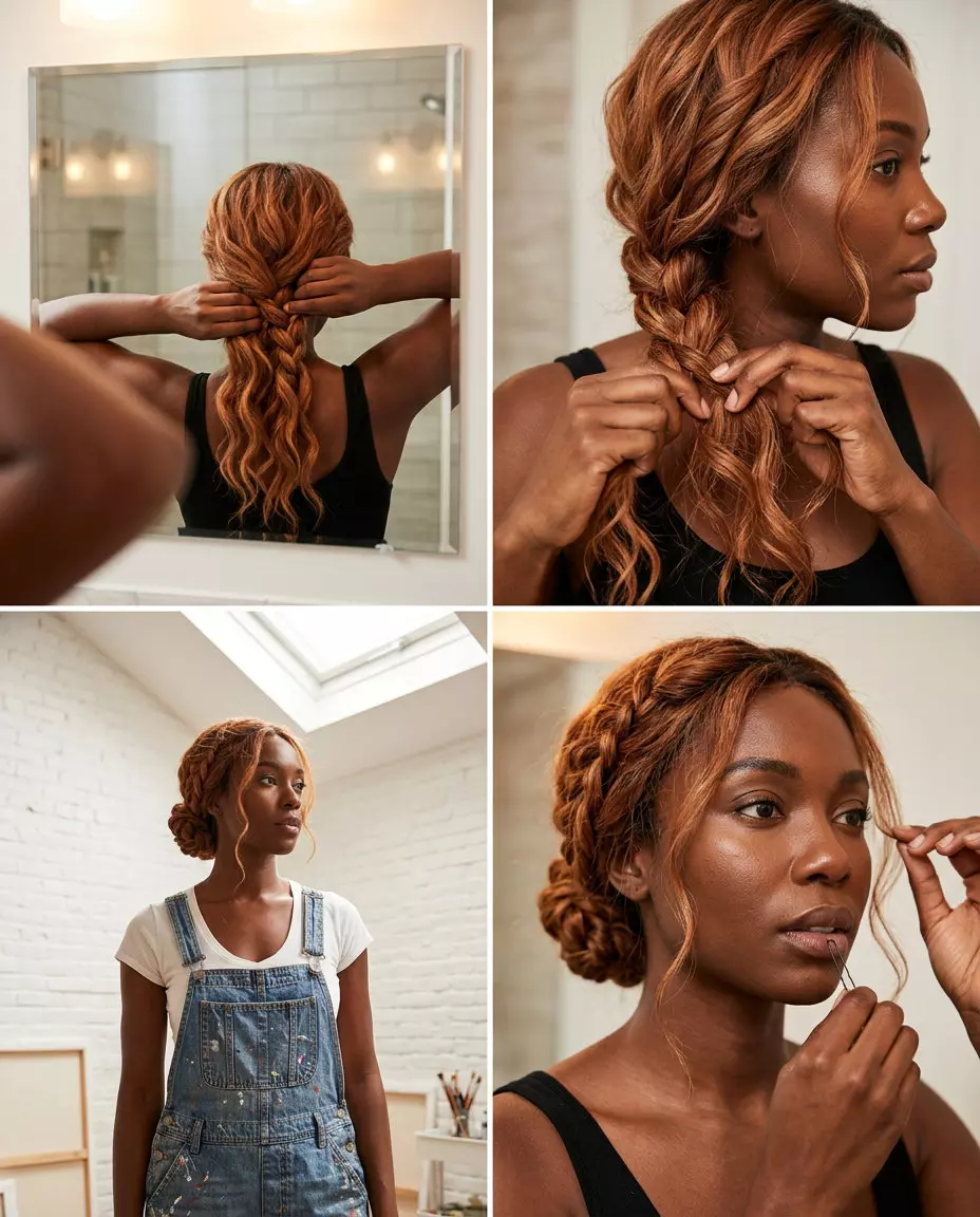long cowboy copper updo with strawberry blonde babylights, braided boho bun for date nights