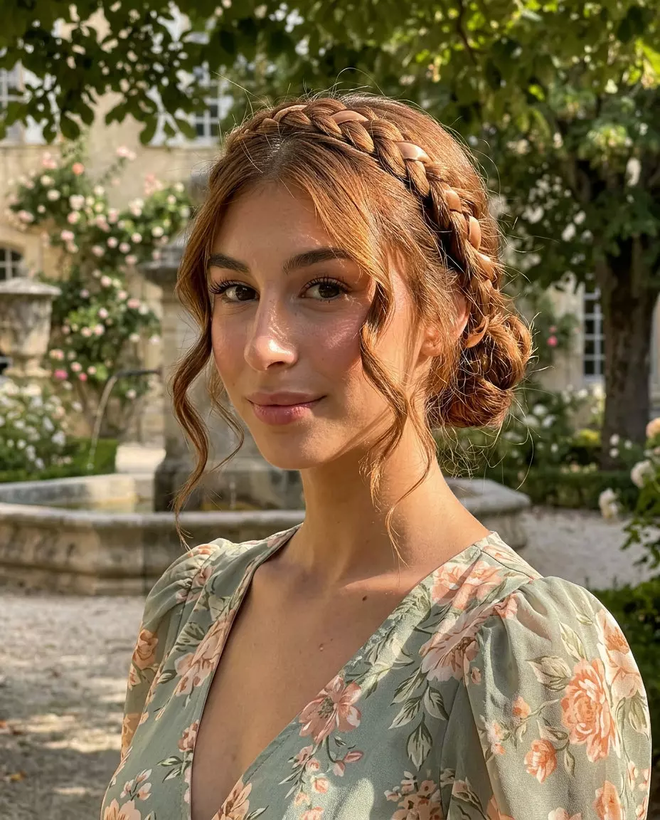 long warm copper updo with caramel ribbons, natural root, face-framing tendrils &mdash; romantic garden party