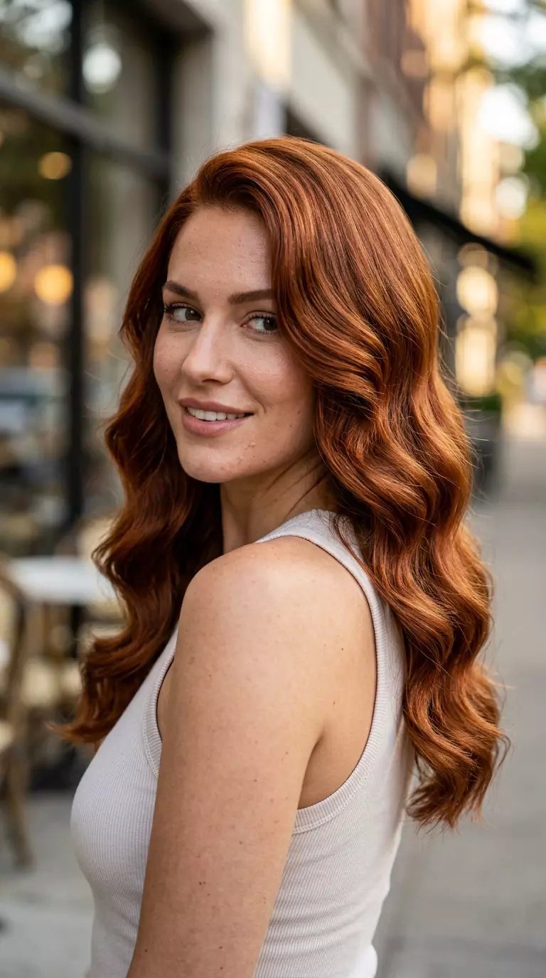 Glamorous Deep Side-Part Waves - Long Hair 2026 long glamorous deep side-part waves with vibrant copper, curling iron waves, no fringe — bold sophisticated