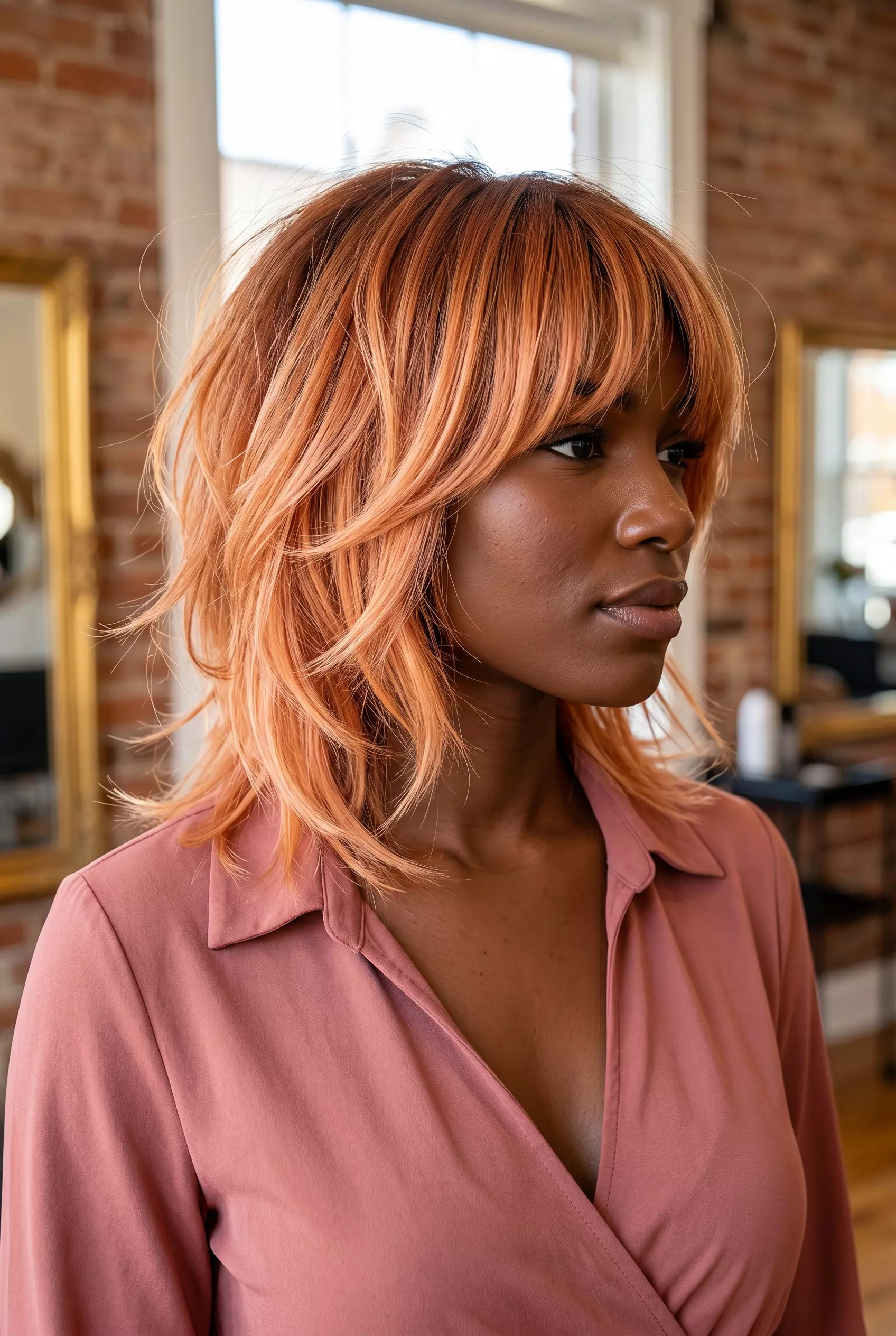 long shag haircut ombre with copper to peach tones, choppy layers, full fringe &mdash; playful and bohemian