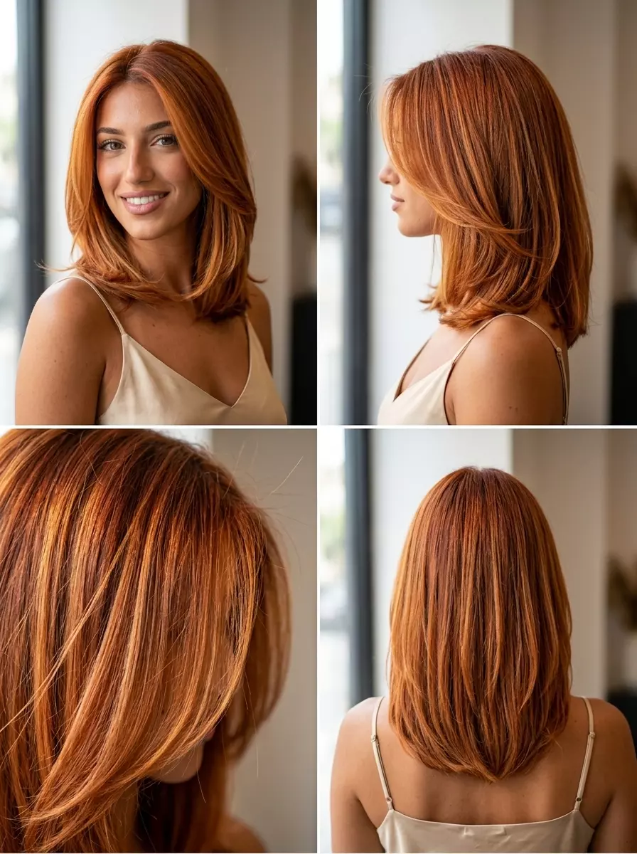 long copper penny blonde balayage with golden undertones, foilayage, no fringe &mdash; bold vibrant festival style