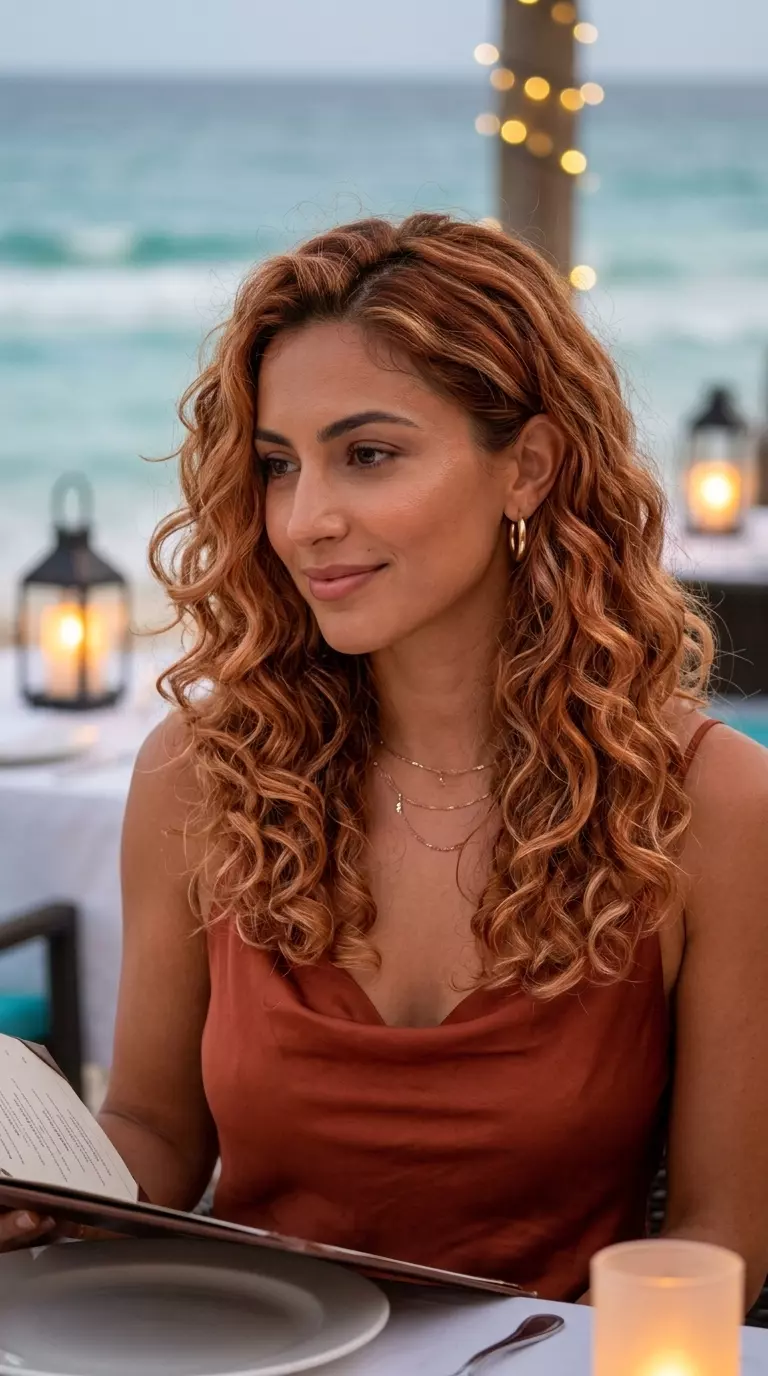 long voluminous heatless curls in warm copper-red with strawberry blonde highlights for summer