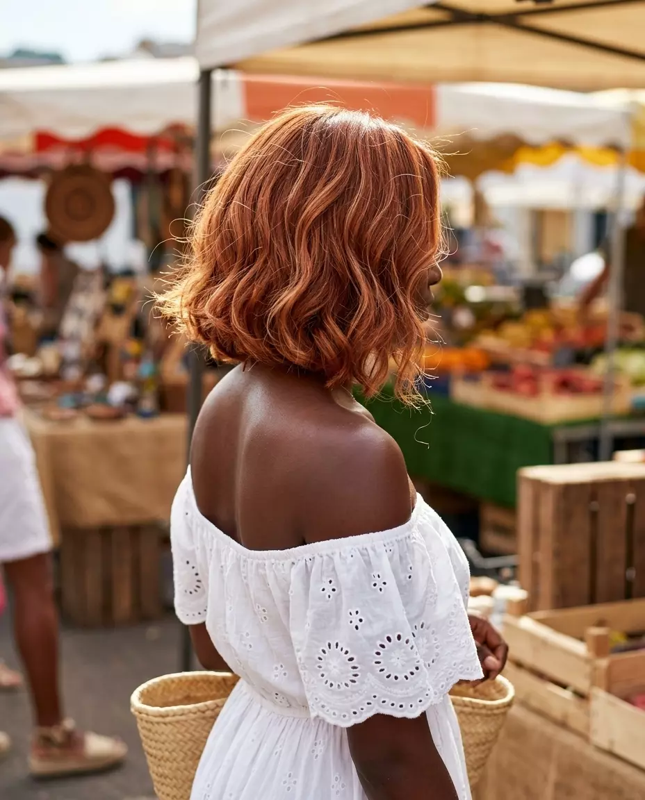 short copper-red bob with strawberry blonde babylights and loose waves for playful beach day