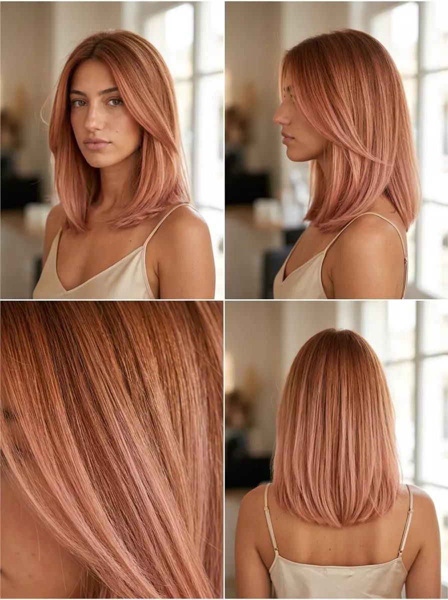long copper rose ombre with soft copper base, pastel rose gold ends, and dual-toning for wedding