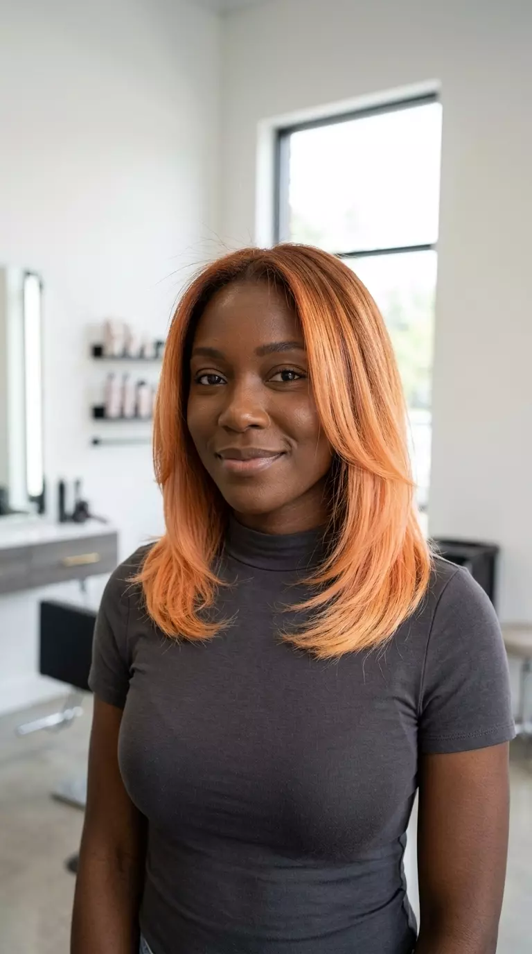 shoulder-length layered bob copper summer ombre hair color with pastel orange and golden peach, dual-tone gloss technique &mdash; playful festival look