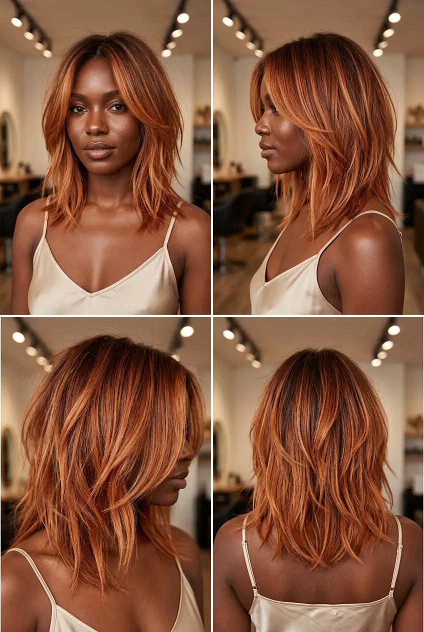 shoulder-length layered haircut with vibrant copper, strawberry blonde, warm gold, choppy layers, face-framing pieces &mdash; bold, energetic, edgy