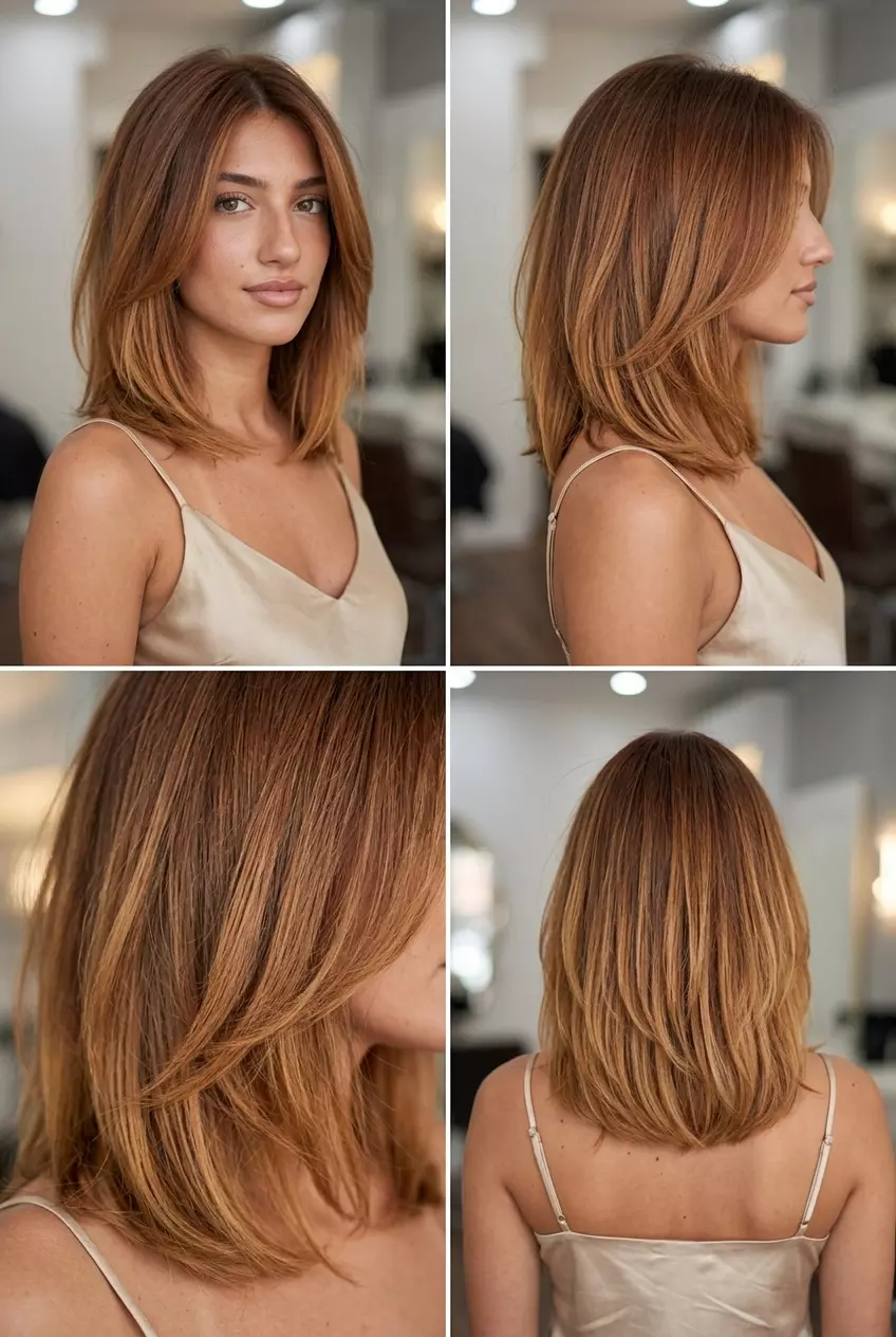 shoulder-length textured lob copper summer ombre hair color with cinnamon spice and golden amber, soft color melt technique &mdash; cozy brunch style