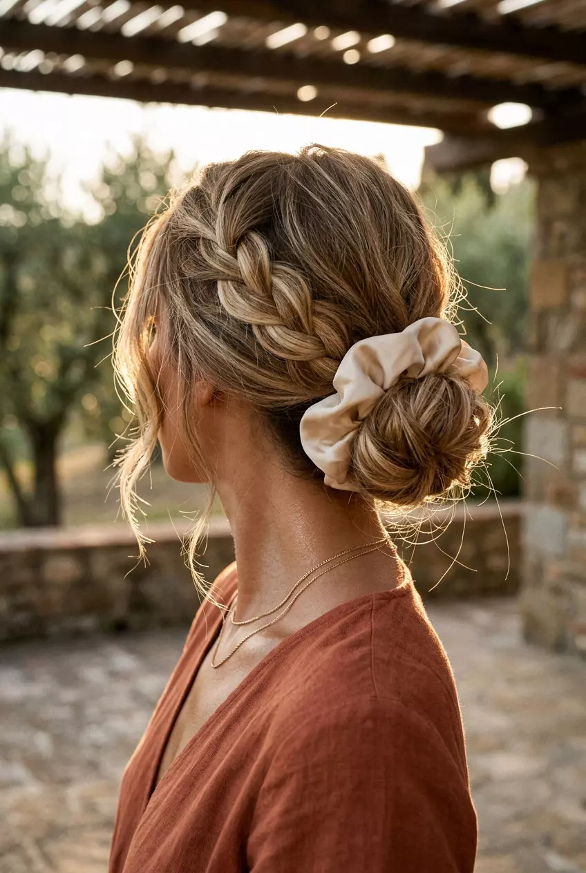 Messy Bun: Creamy Blonde Highlights 2026 medium-length layered haircut with creamy blonde highlights, warm caramel base, messy bun with face-framing pieces for date night