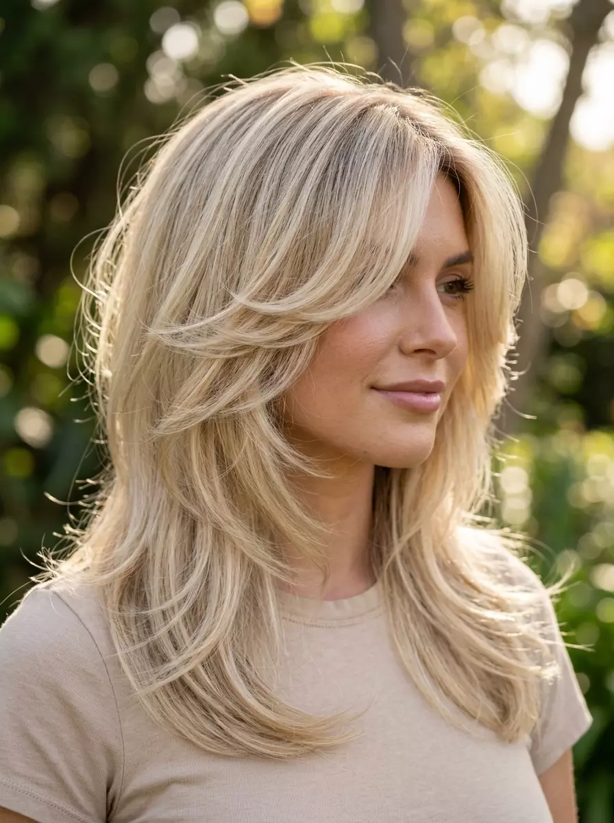 long butterfly haircut in creamy vanilla buttercream balayage with face-framing highlights for summer