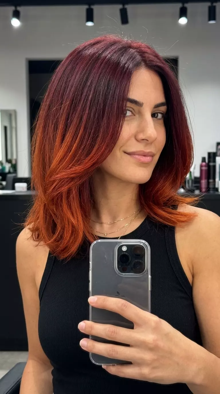 medium crimson copper ombre with deep crimson copper, fiery red-orange, and color melt for event