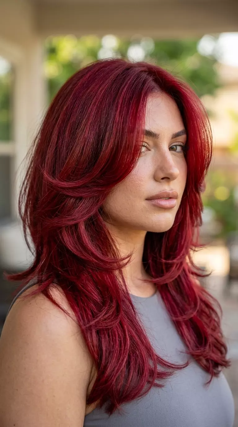 long butterfly haircut in deep crimson red with sculpted layers and sculpted waves for a formal event