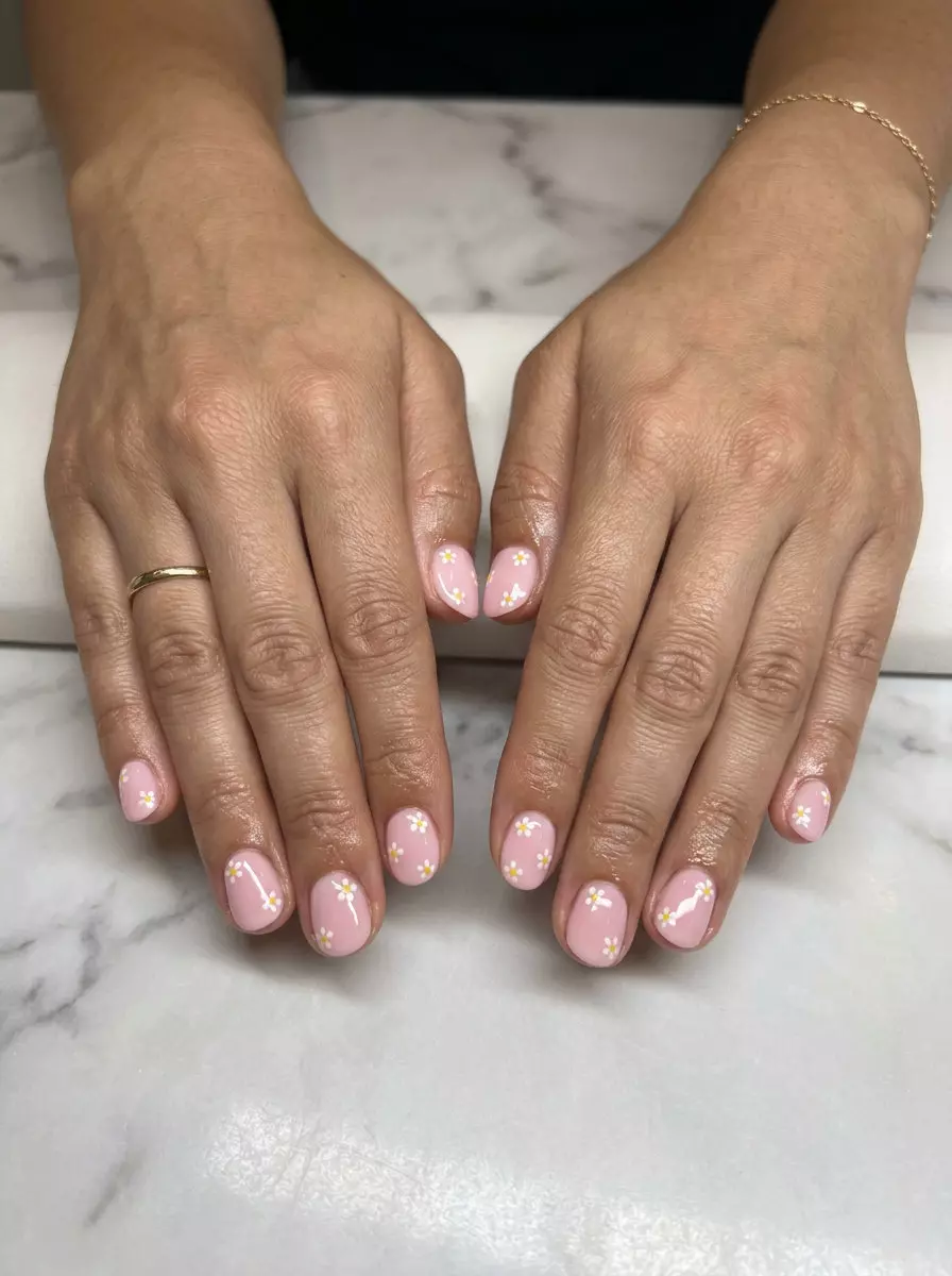 Cute summer nails 2026: Sweet Daisy Garden squoval nails for daily wear. Pastel pink with white daisy art.