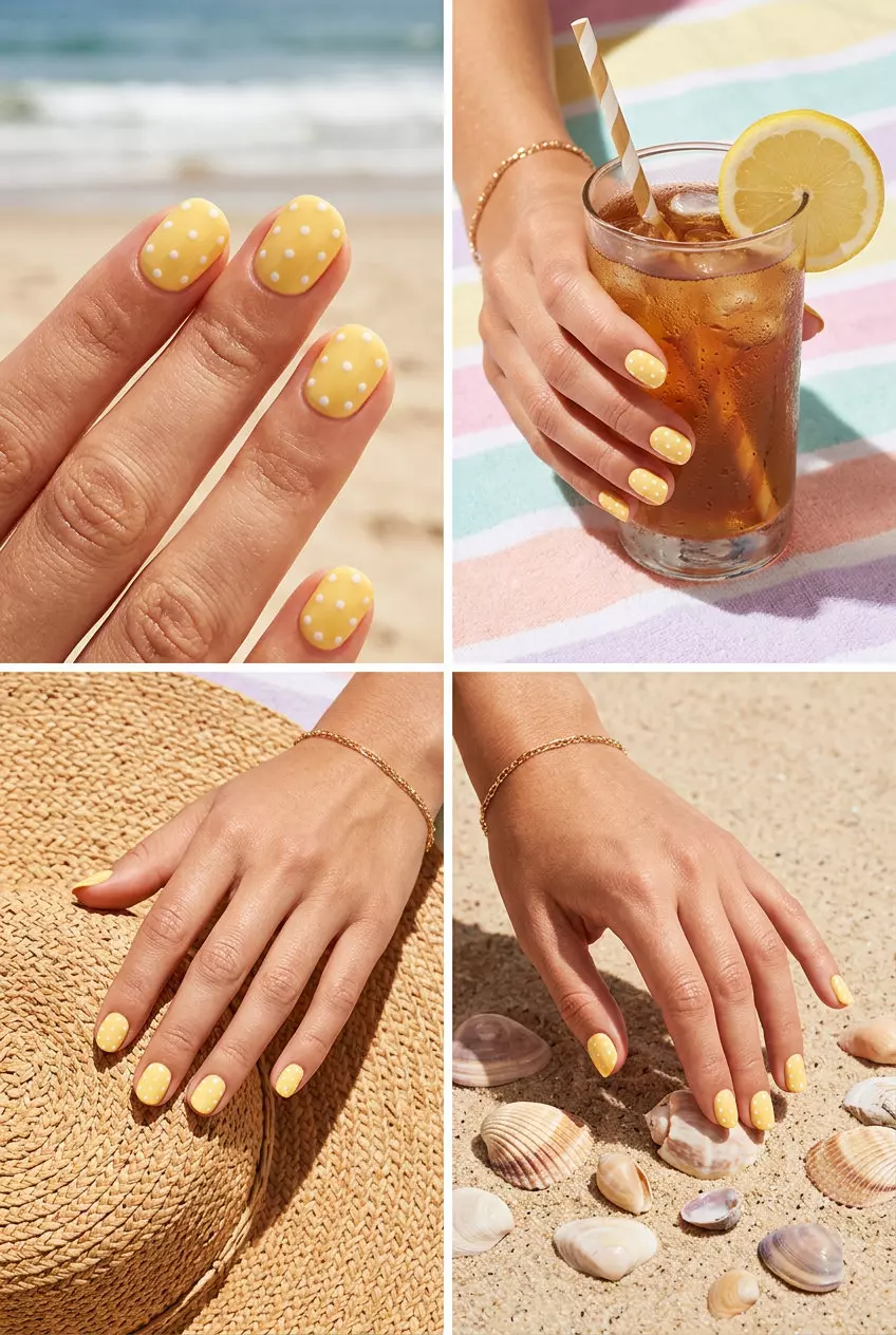 Cute summer nails 2026: Retro Polka Dot Sunshine squoval nails for casual picnics. Butter yellow with white dots.