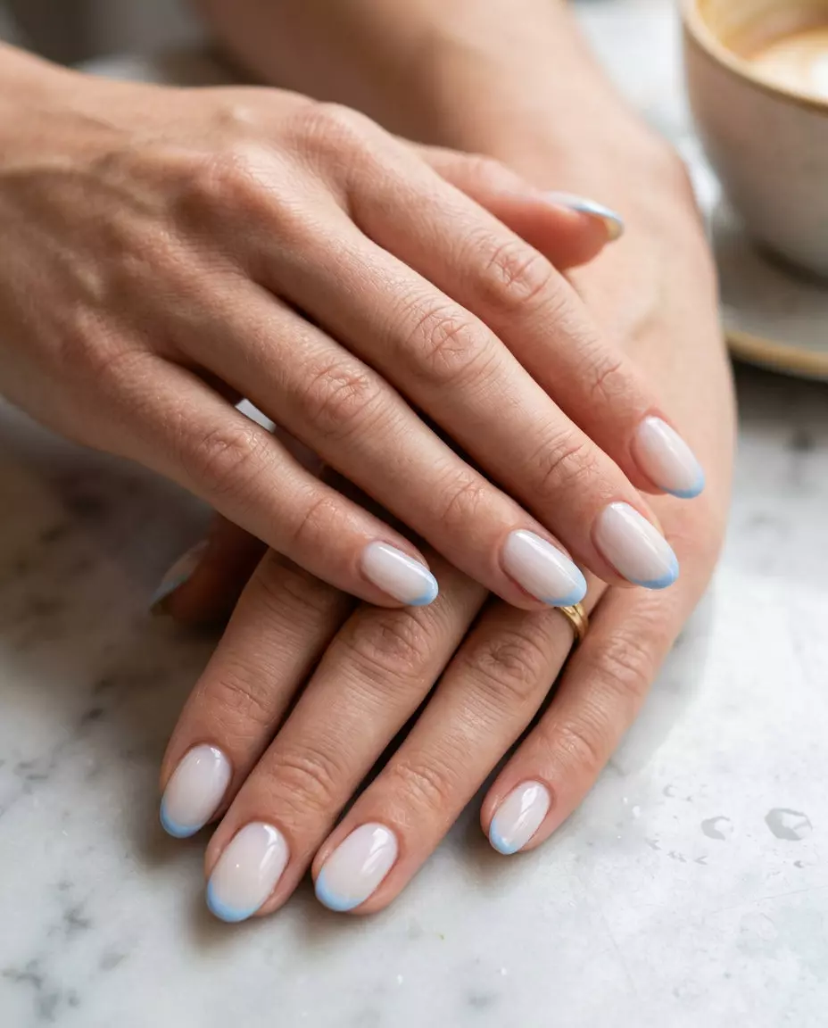 Cute summer nails 2026: Sky Blue Micro French Oval nails for weddings and date nights. Delicate pastel blue tips.