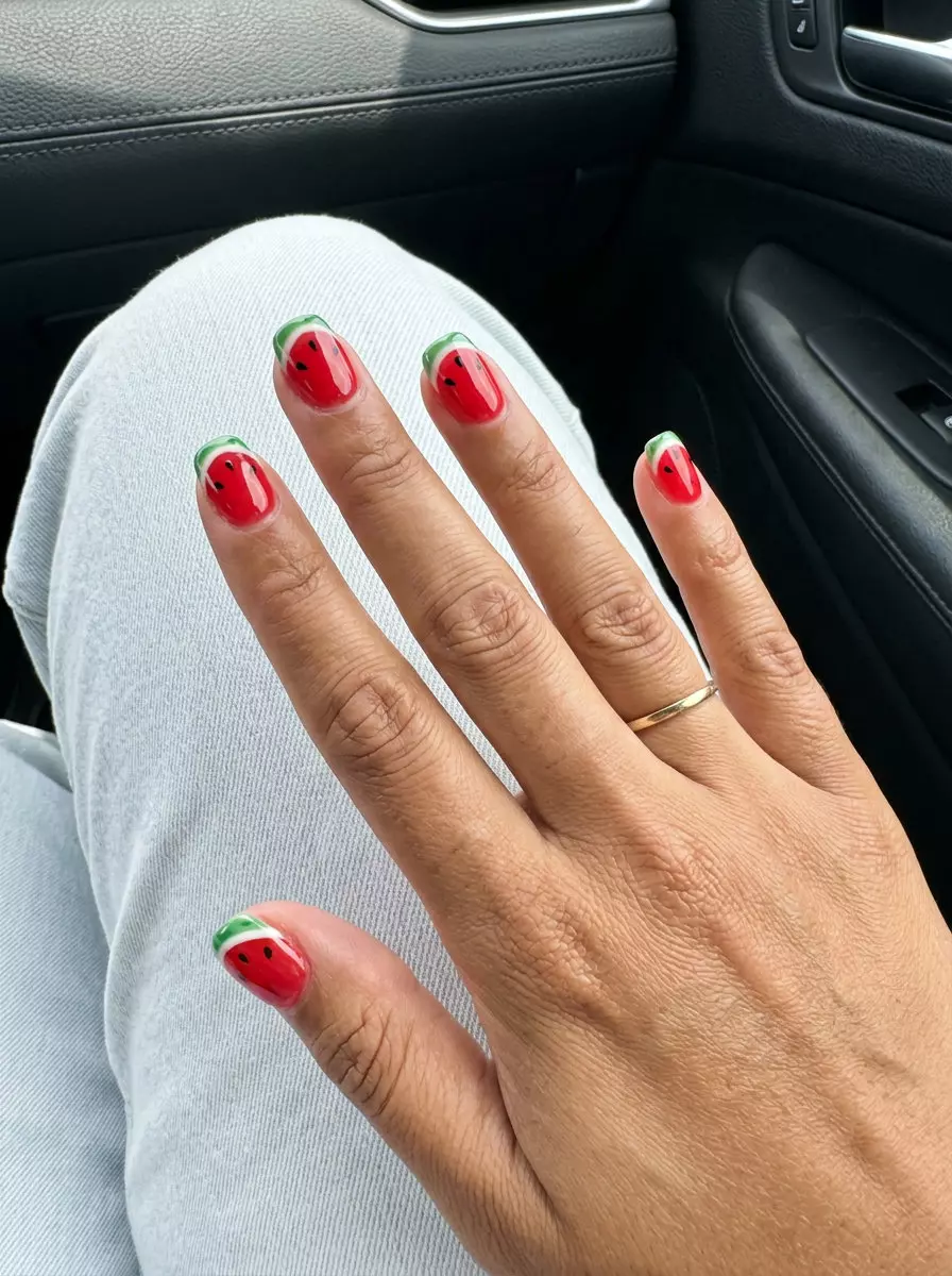 Cute summer nails 2026: Playful Watermelon Slice Dots Squoval with juicy red, green rind, and black seeds.