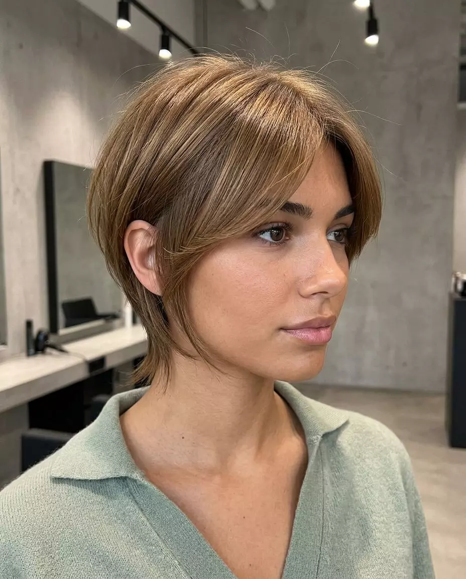 Parisian Soft Pixie 2026 short dark blonde pixie haircut with soft golden undertones and side-swept fringe for romance