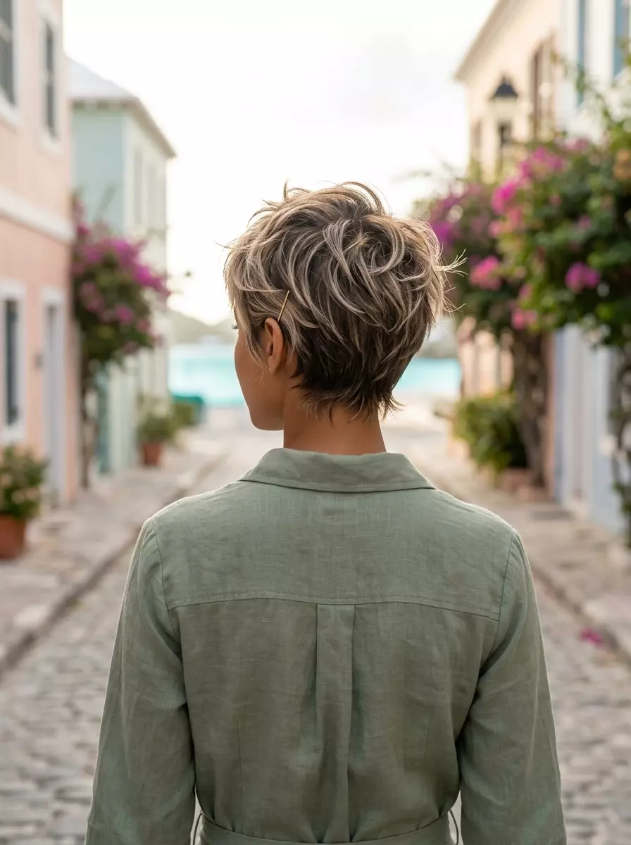 short natural dark blonde pixie with ash highlights, piecey textured cut, no fringe &mdash; edgy beach confident