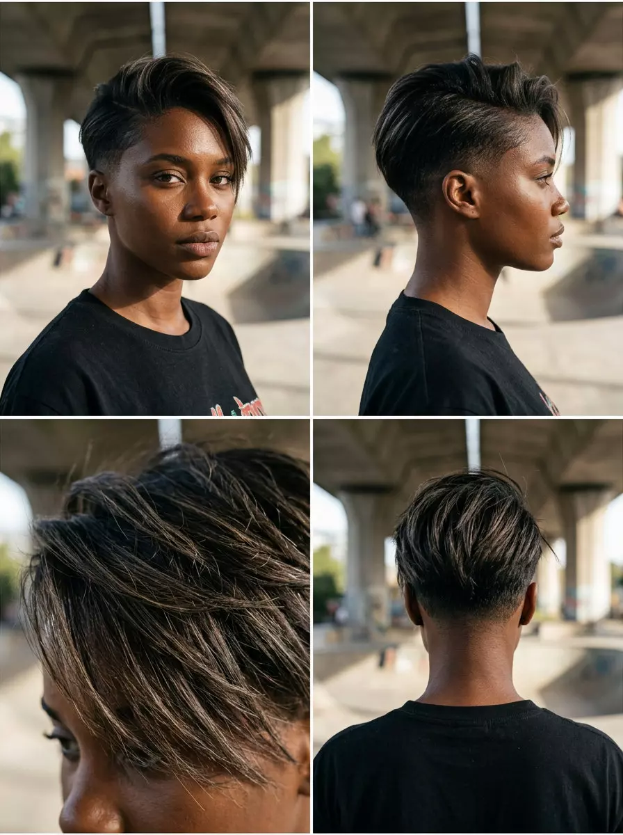 Edgy Textured Fade Haircut 2026 short textured fade haircut with dark brown hair and ash micro-highlights for summer