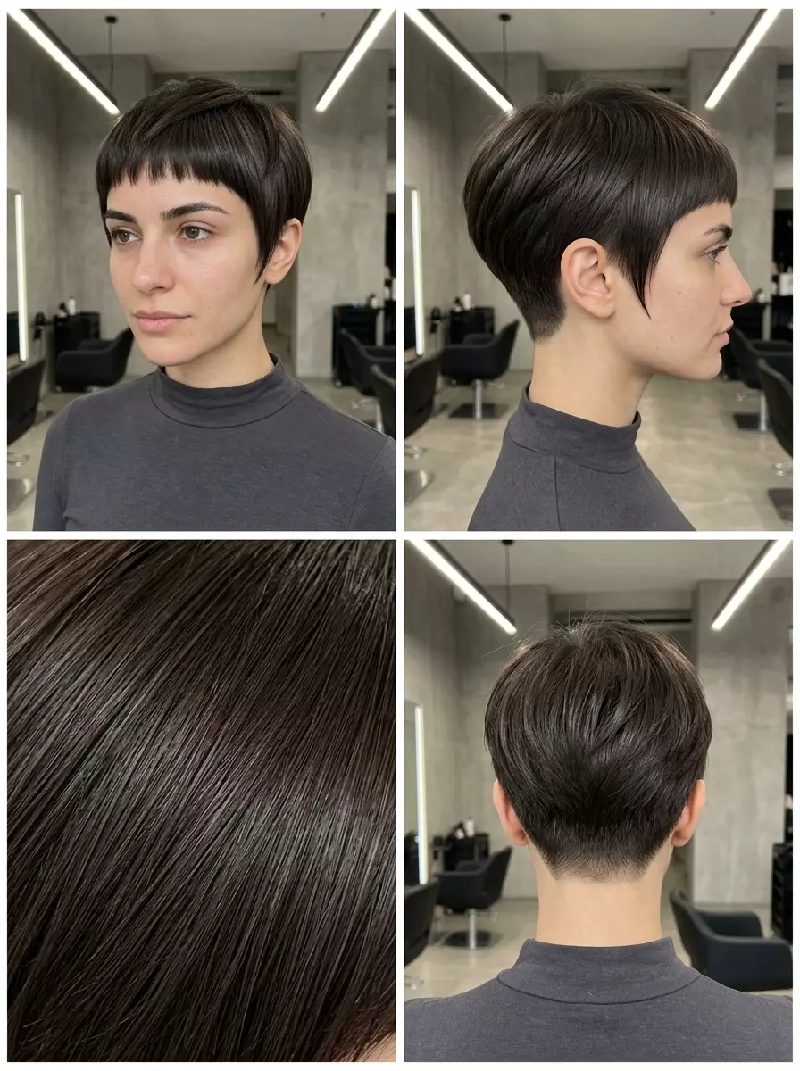 short pixie haircut with natural dark brown color, razor cut, micro-fringe &mdash; bold professional