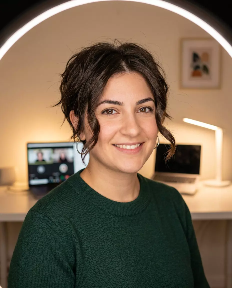 short dark brown pixie haircut with textured layers, defined face-frame, playful style for summer work