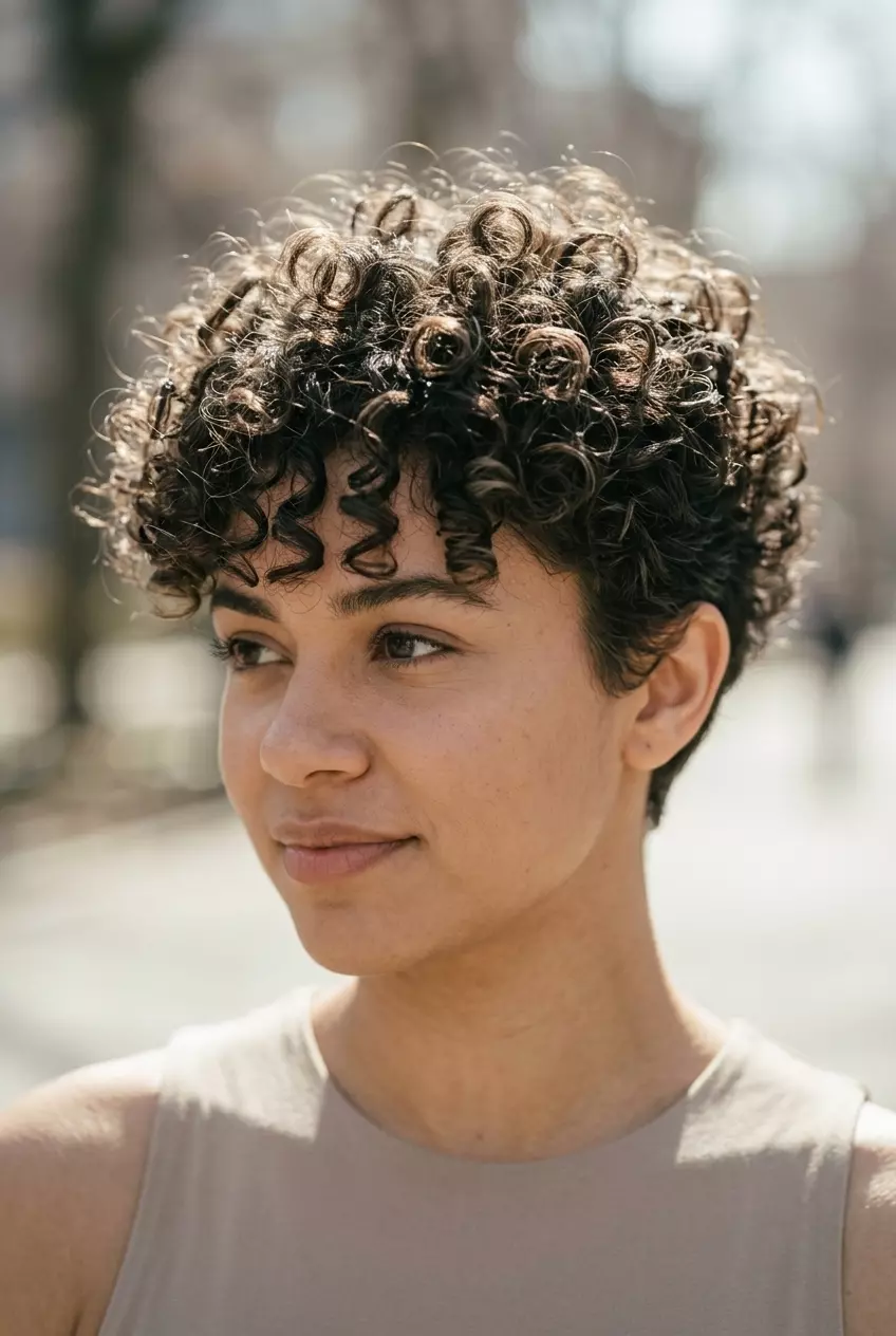 Textured Curly Pixie Haircut 2026 very short pixie haircut with dark brown, piecey layers, tapered sides — playful beach day style