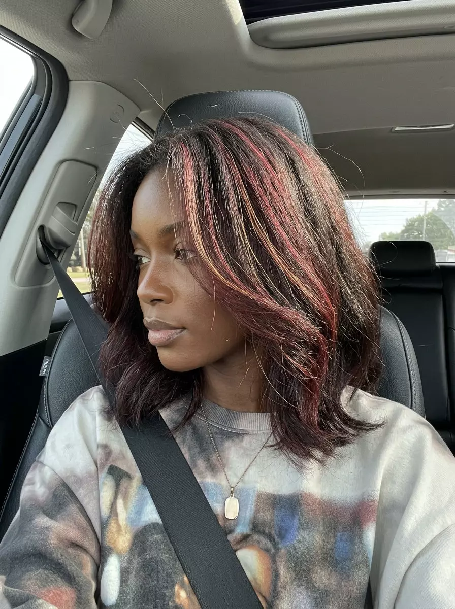 long dark brunette with crimson red undertones highlights, peekaboo effect, no fringe &mdash; mysterious