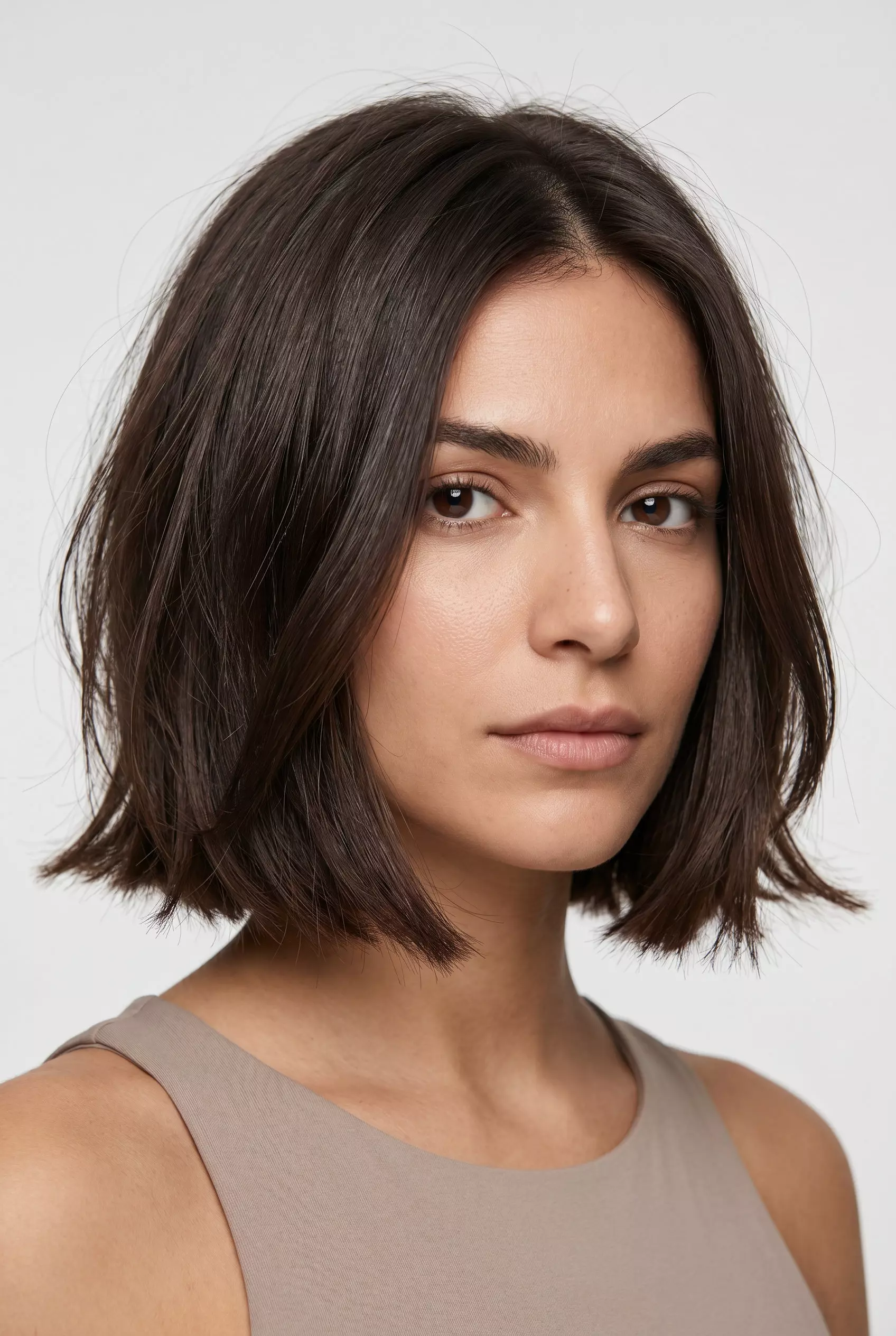 chin-length textured bob haircut in deep chocolate brown with cool undertones