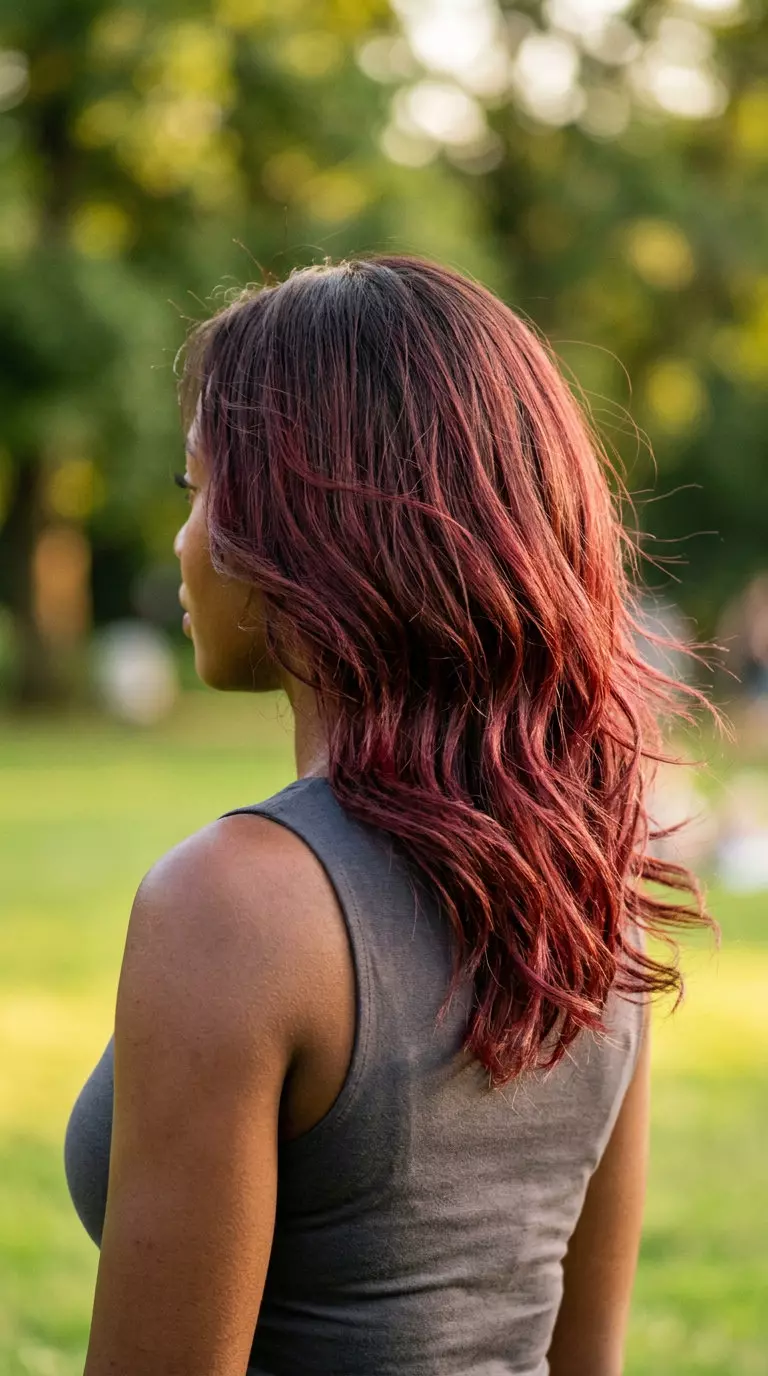 long deep brown hair color with red-violet melt, vibrant reflects, no fringe &mdash; sultry