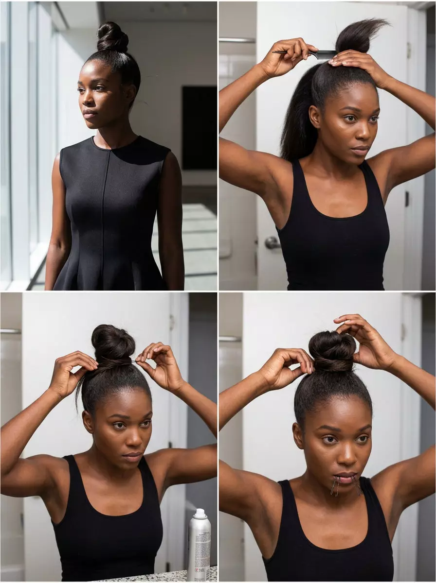 Architectural Top Knot: Deep Brown Hair 2026 long layered haircut with deep natural brown color, sculpted top knot, no fringe for avant-garde events
