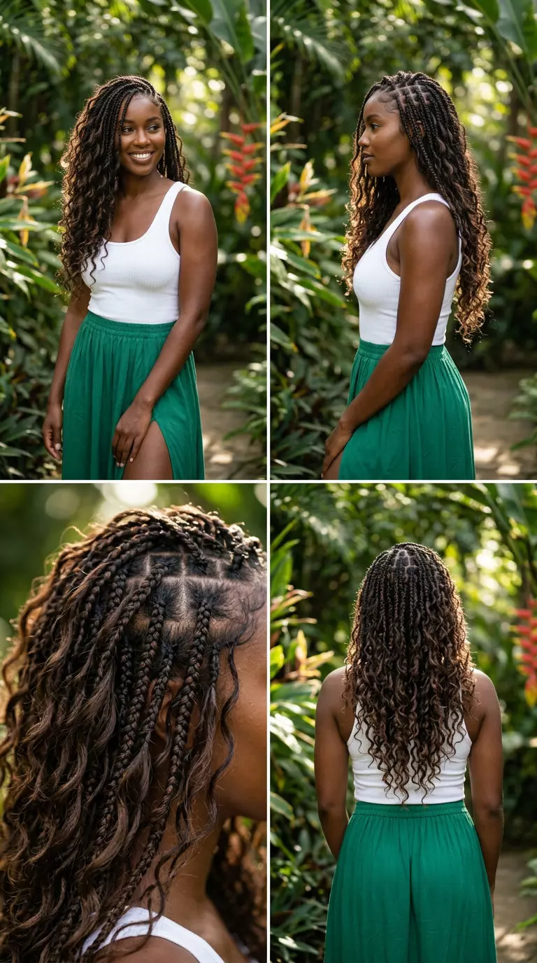 long waterwave boho knotless braids with deep brown, sun-kissed waves for vacations