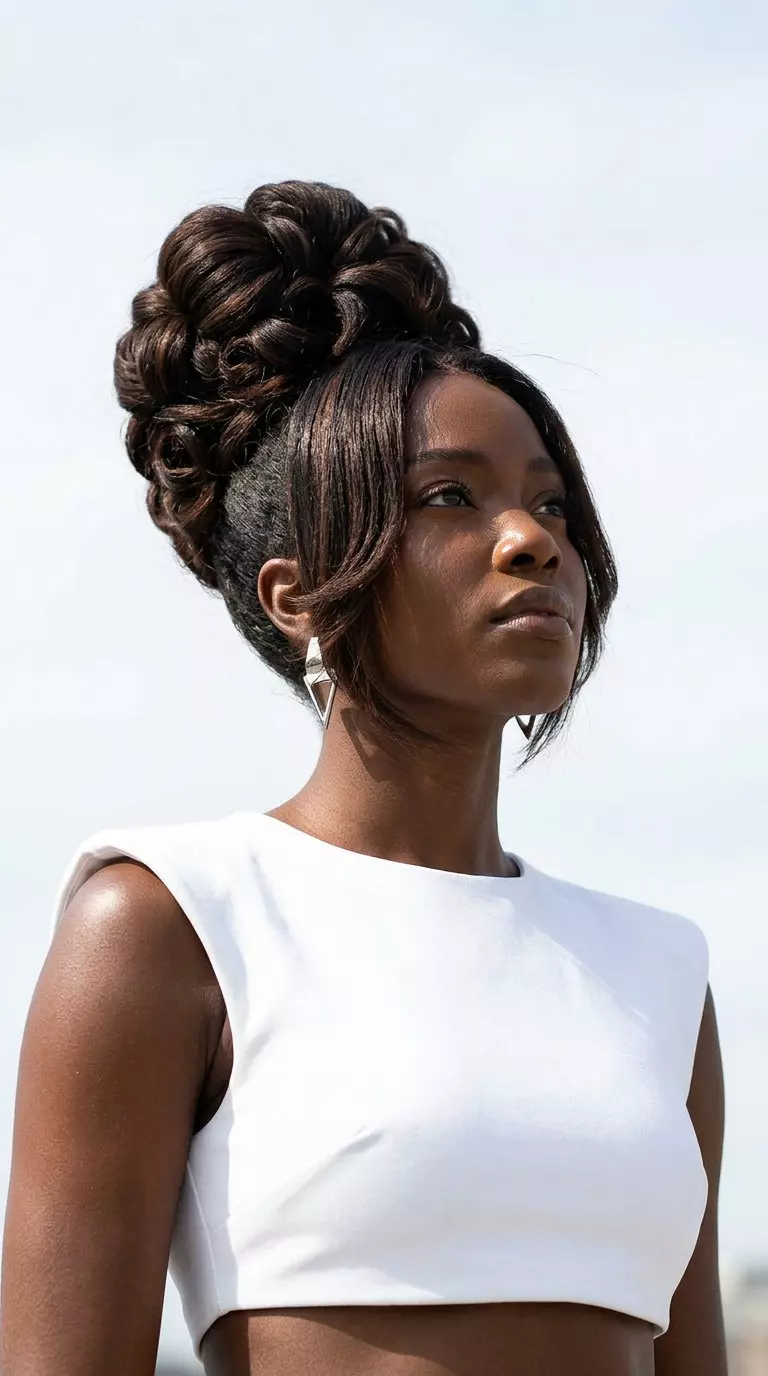 long curly hair updo with deep brunette, chocolate lowlights, sculpted shape &mdash; bold modern style