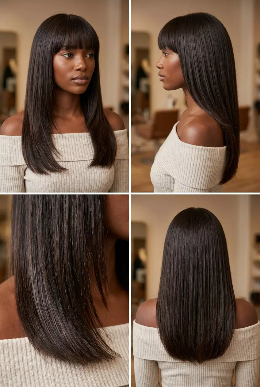 long layered haircut with laser-cut fringe in deep brunette for summer 2026