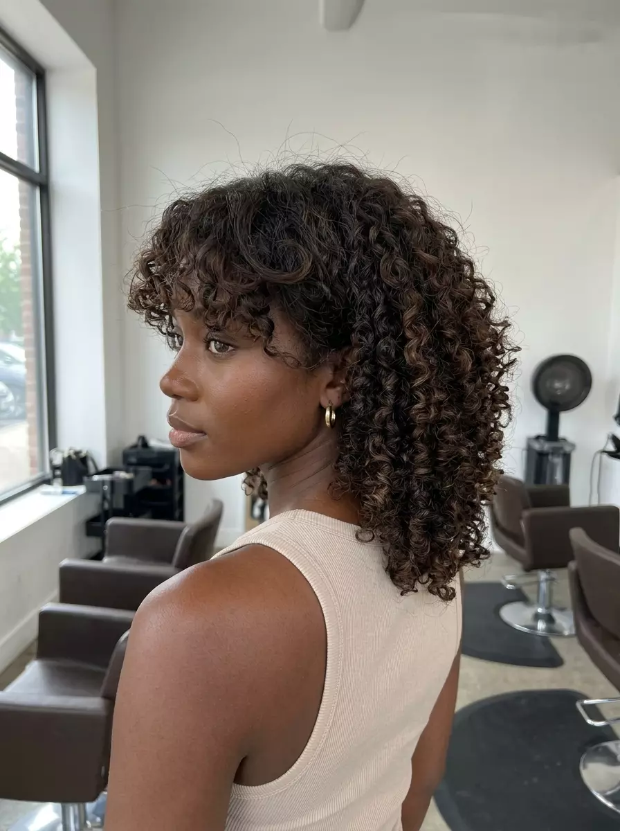 Coily Cloud Shag 2026 medium shag haircut in deep brunette with chocolate lowlights, rounded fringe for curly hair