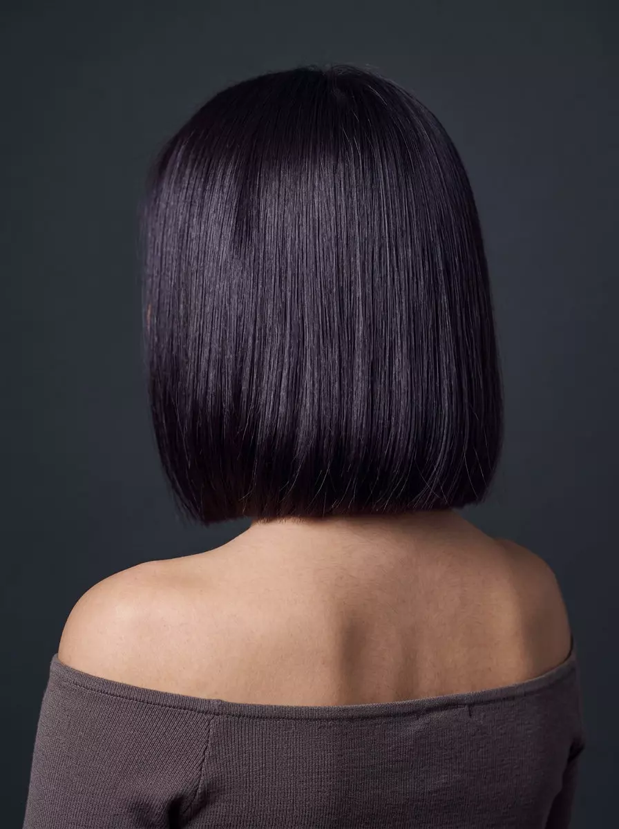 short blunt bob haircut in deep cool brunette with violet undertones for sleek look