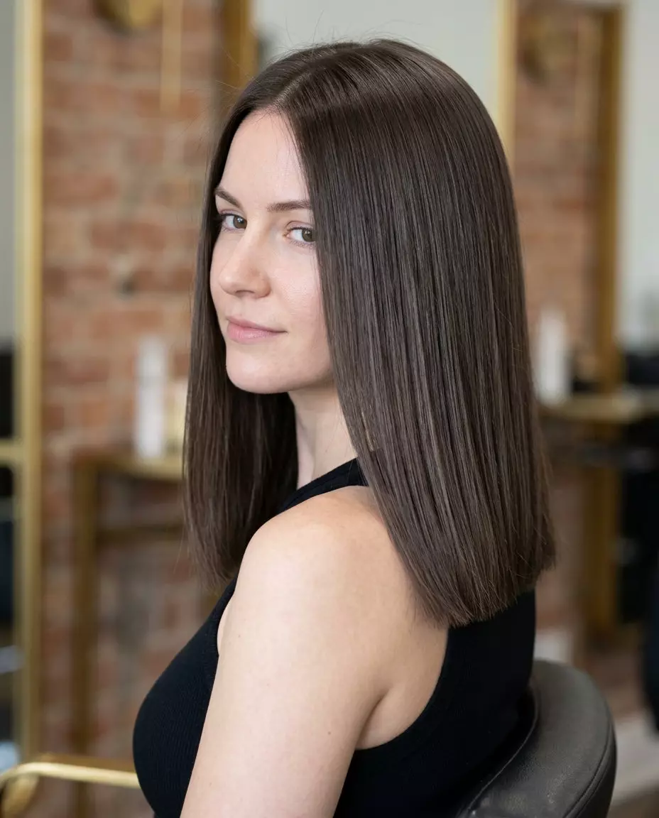 long deep cool brown hair color with ash lowlights, all-over permanent application, no fringe &mdash; sophisticated