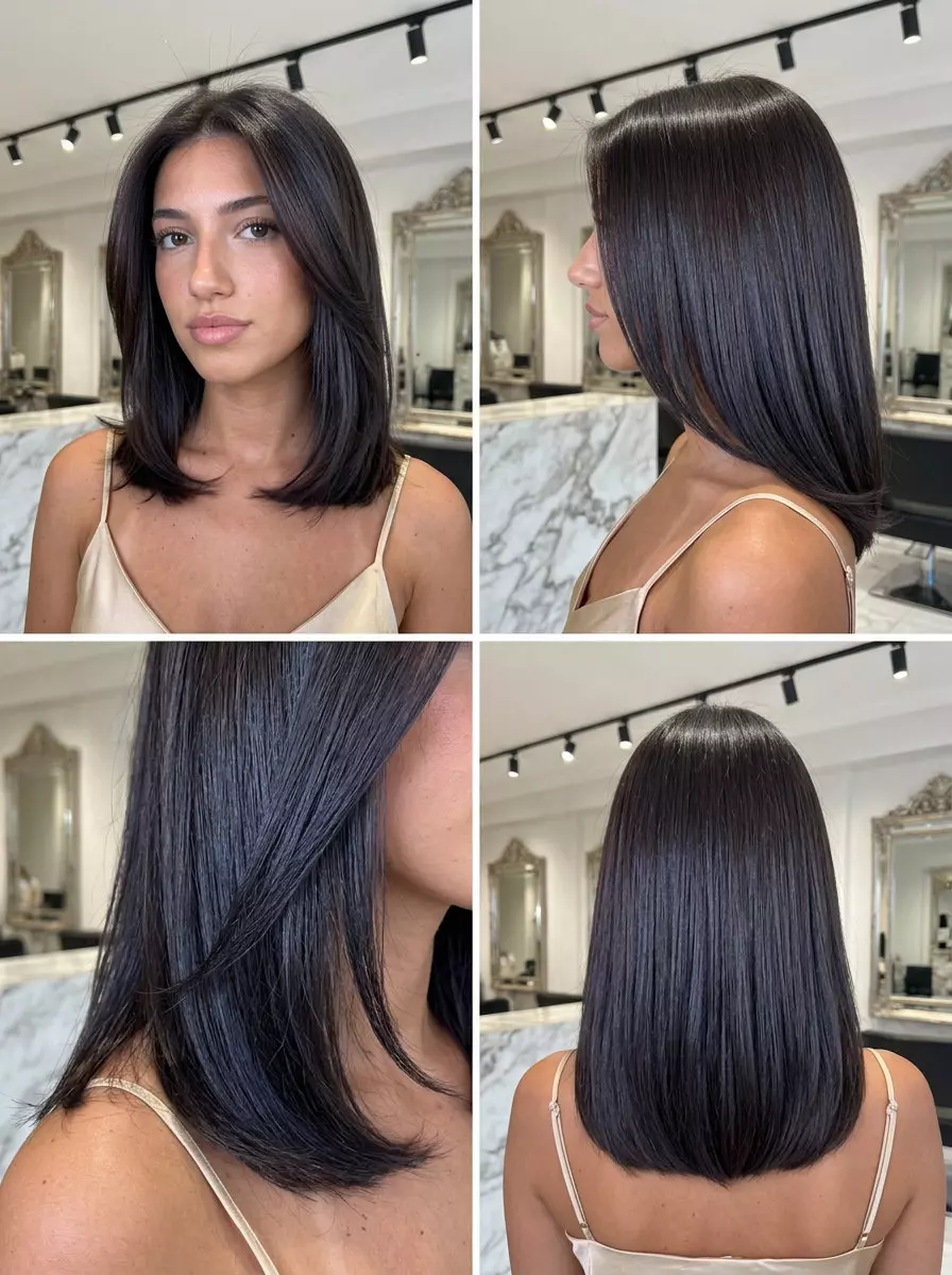 long deep espresso brown hair color with blue-black undertones, high-reflect lacquer finish, no fringe &mdash; luxurious