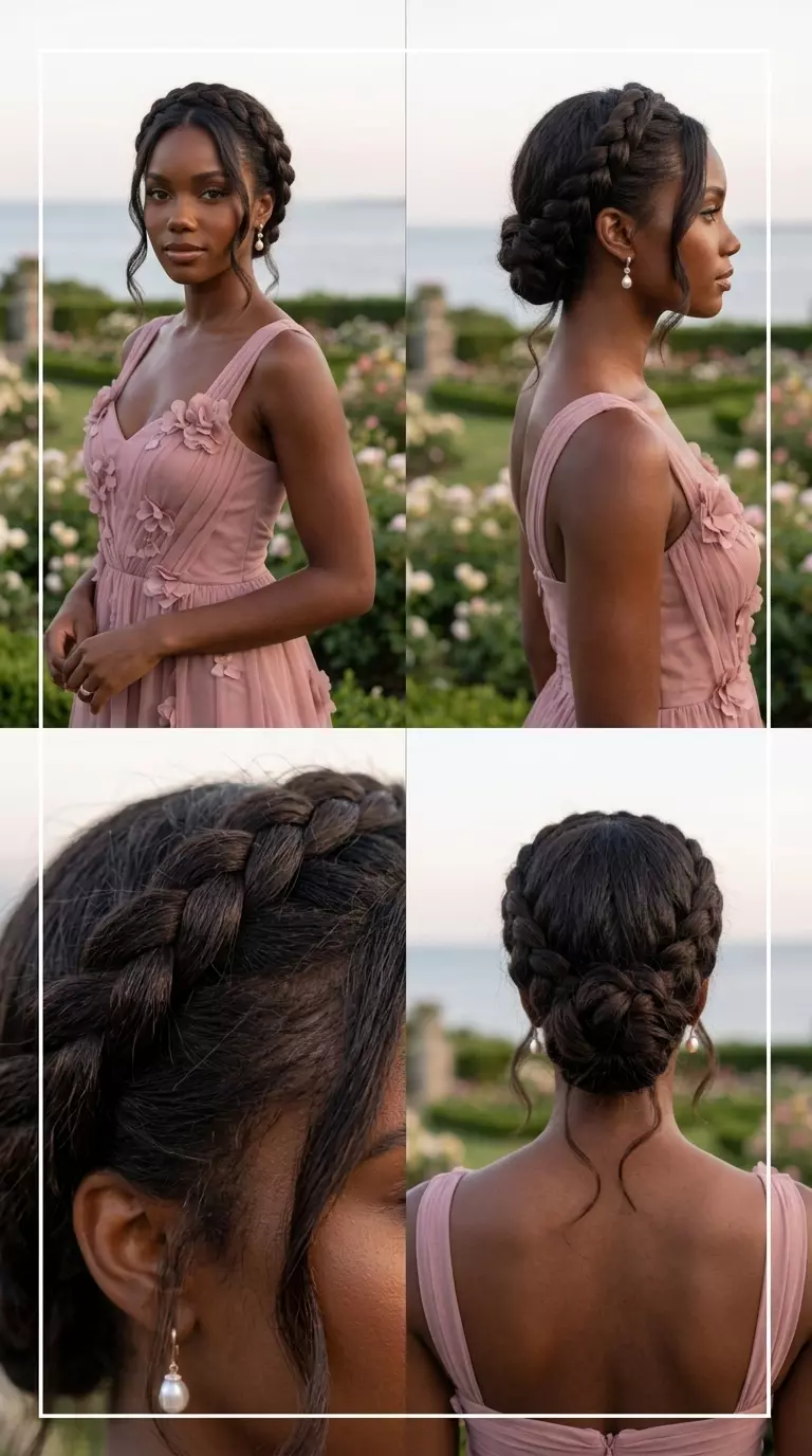 long deep espresso braided crown with face-framing tendrils for destination weddings