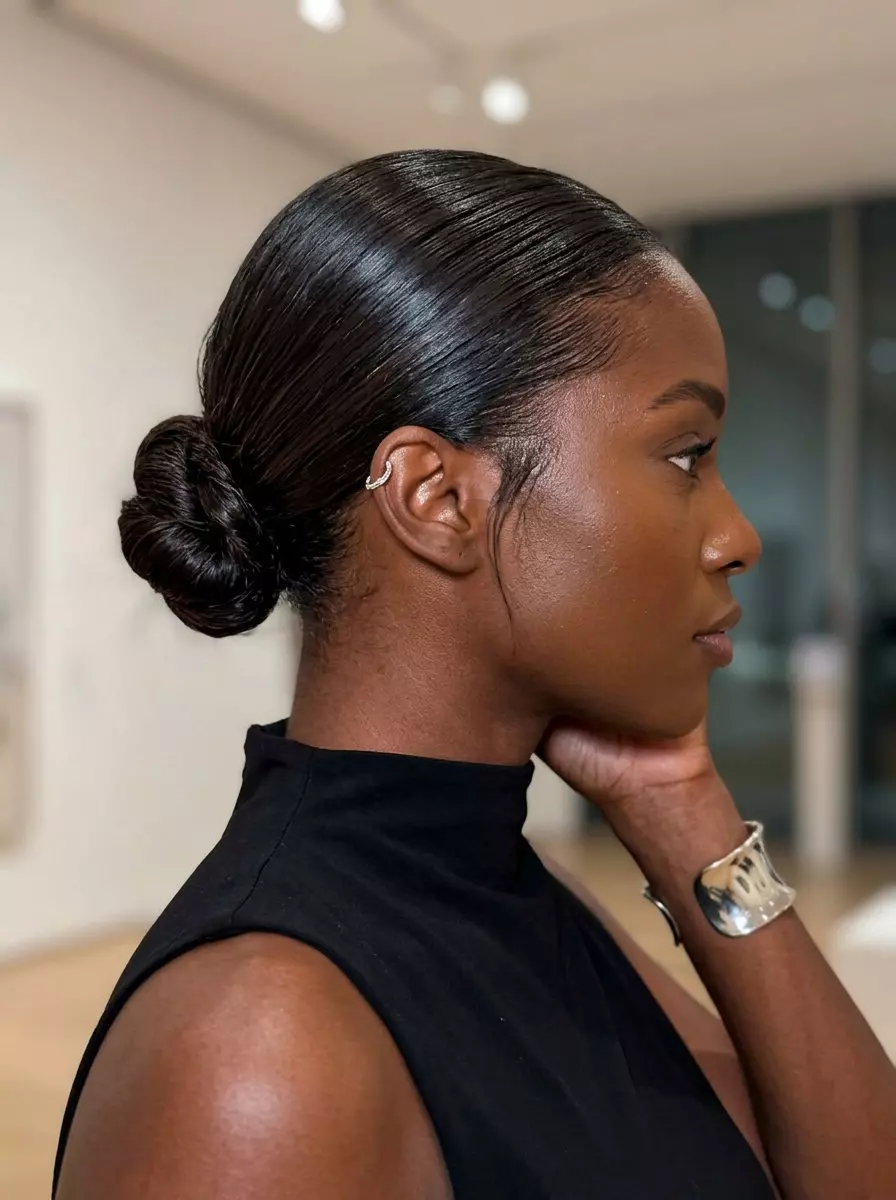 long deep espresso slicked-back low knot with wet look for work