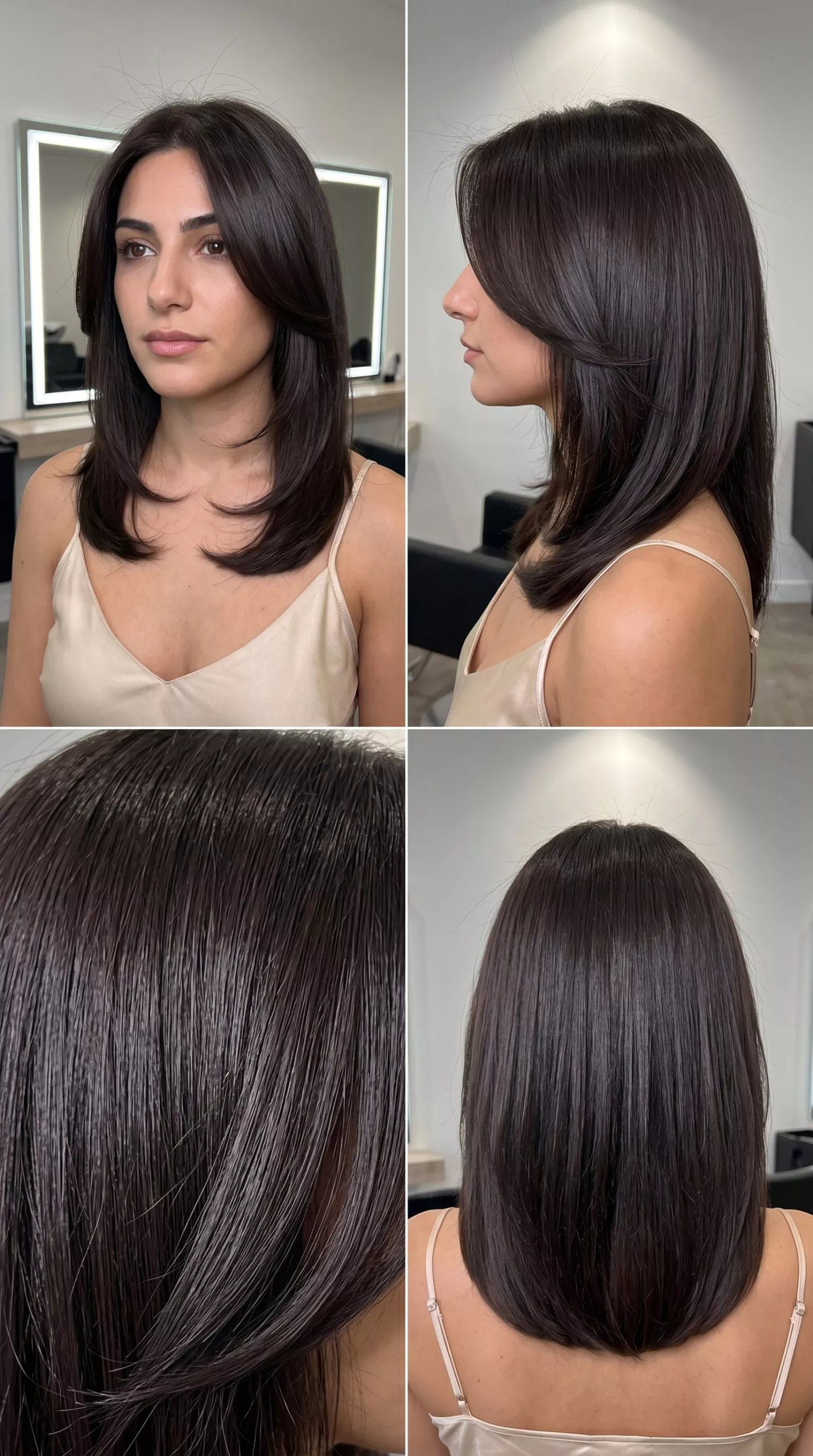 Deep Espresso Brunette Curve Cut 2026 shoulder-length curve cut haircut with deep espresso brown color, face-framing layers, no bangs — sophisticated