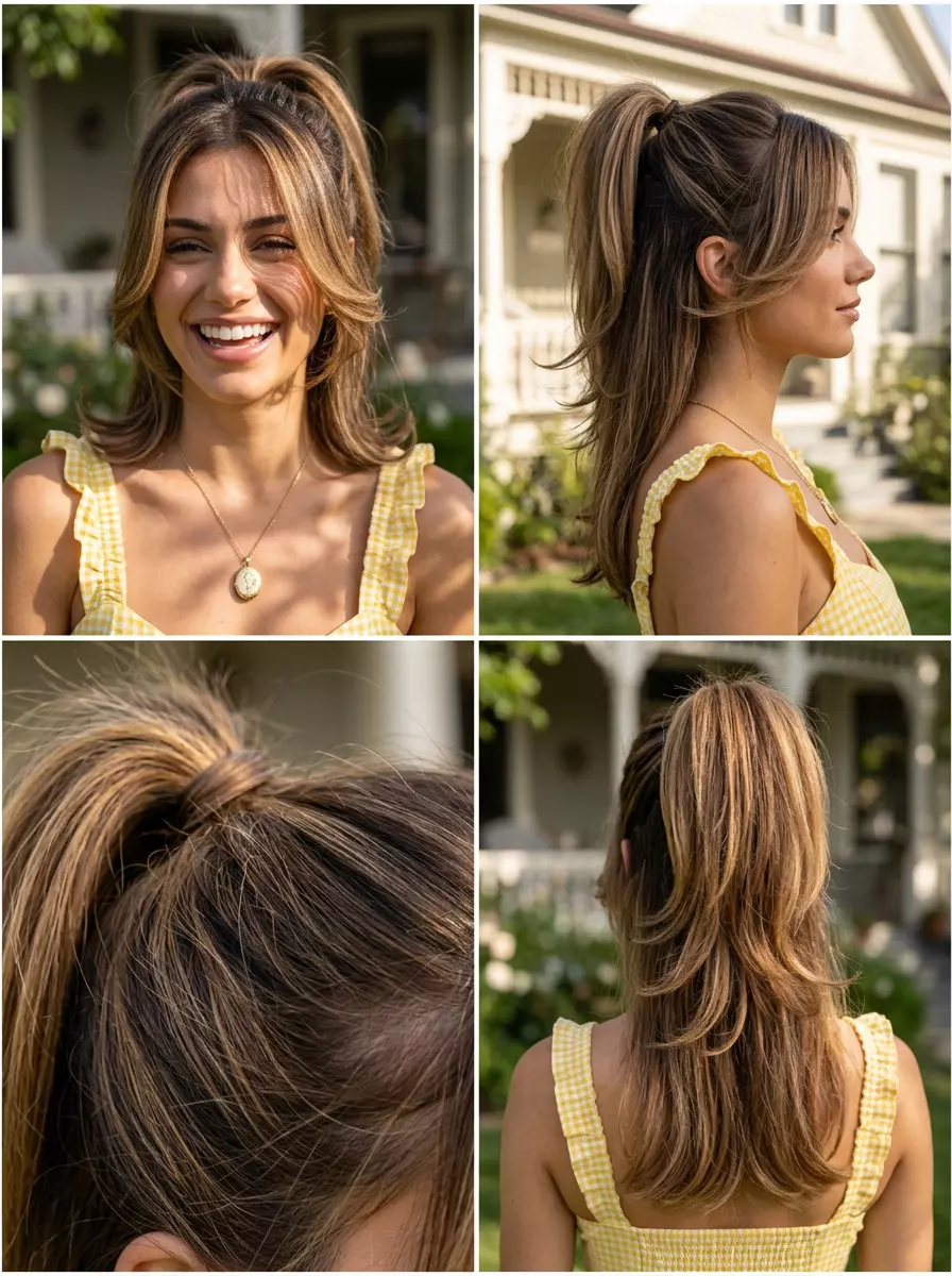 Playful Butterfly Cut Brunette Ponytail 2026 long dimensional brunette ponytail with caramel balayage and face-framing layers for casual events