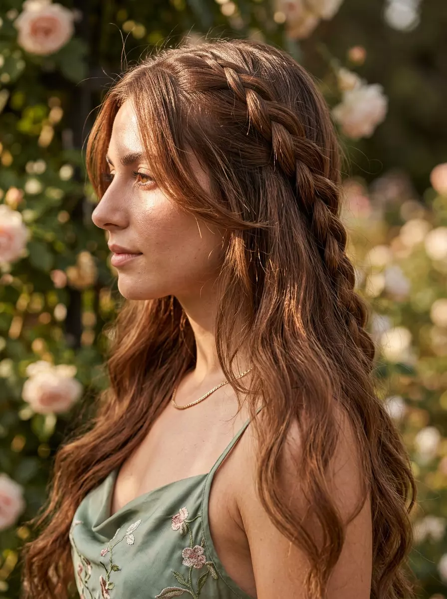 Romantic Braided Haircut 2026 long layered haircut with dimensional brunette color and warm auburn undertones for summer