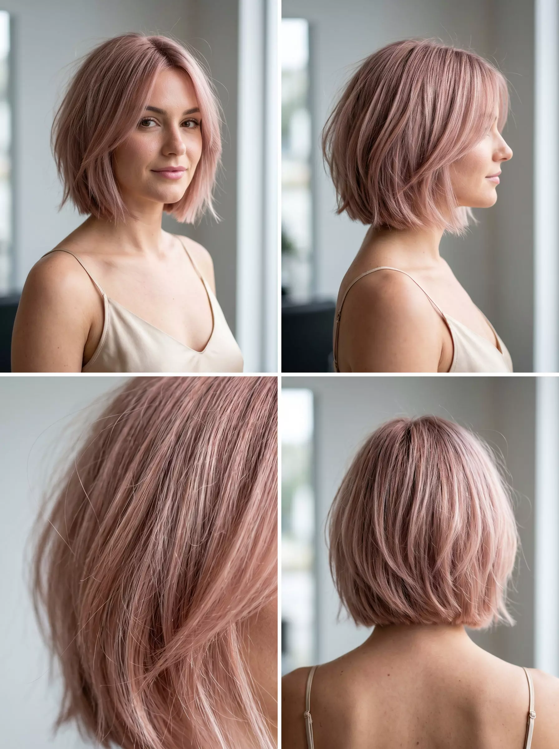 chin-length textured bob haircut in dusty rose gold with platinum base