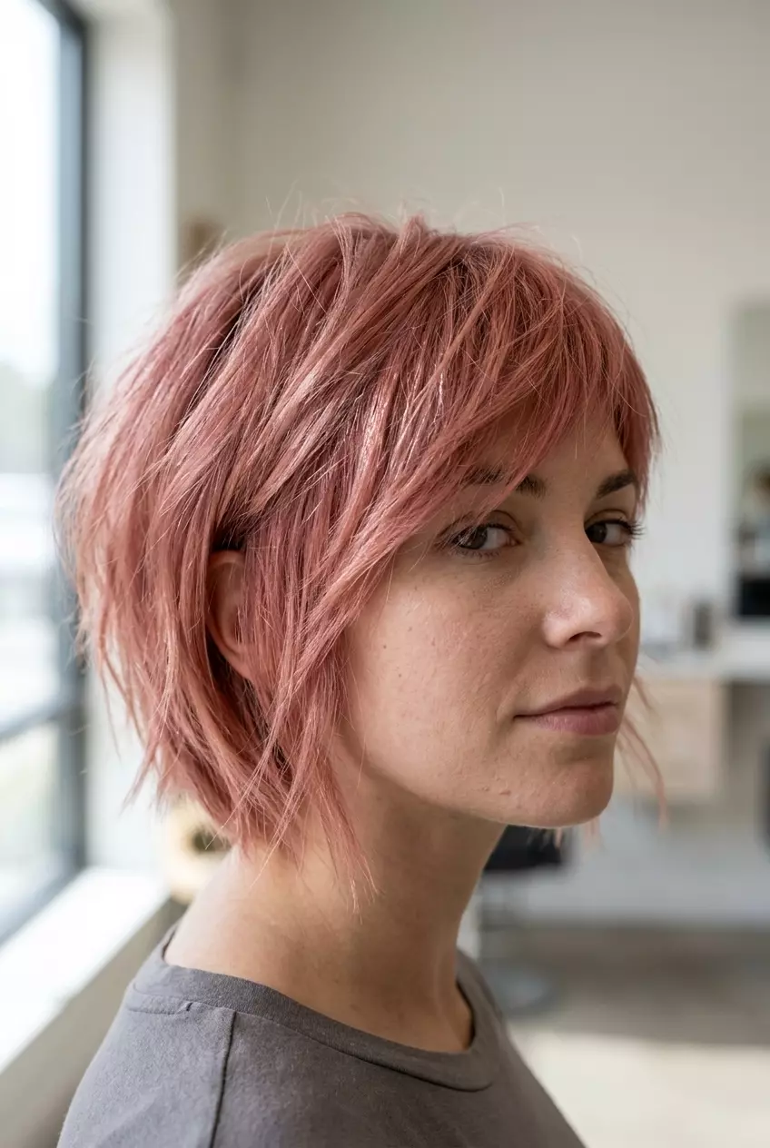Rose Gold Bixie Haircut 2026 short bixie haircut with dusty rose gold, platinum base, choppy layers — edgy & playful