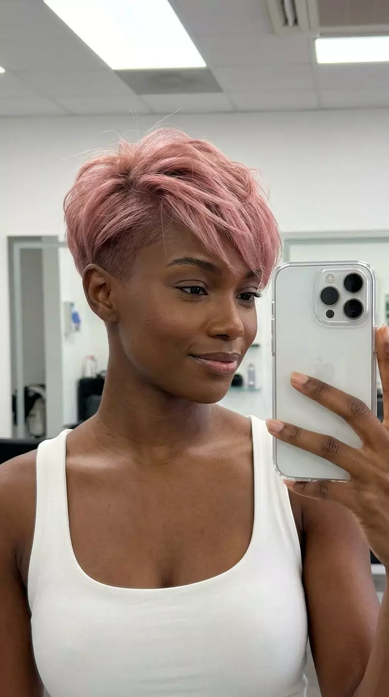 short pixie haircut with dusty rose gold color and undercut for summer 2026