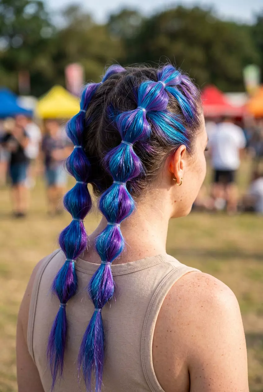 Electric Blue Bubble Braid: Bold Summer Hairstyle 2026 long bubble braid with vibrant electric blue fashion color for summer