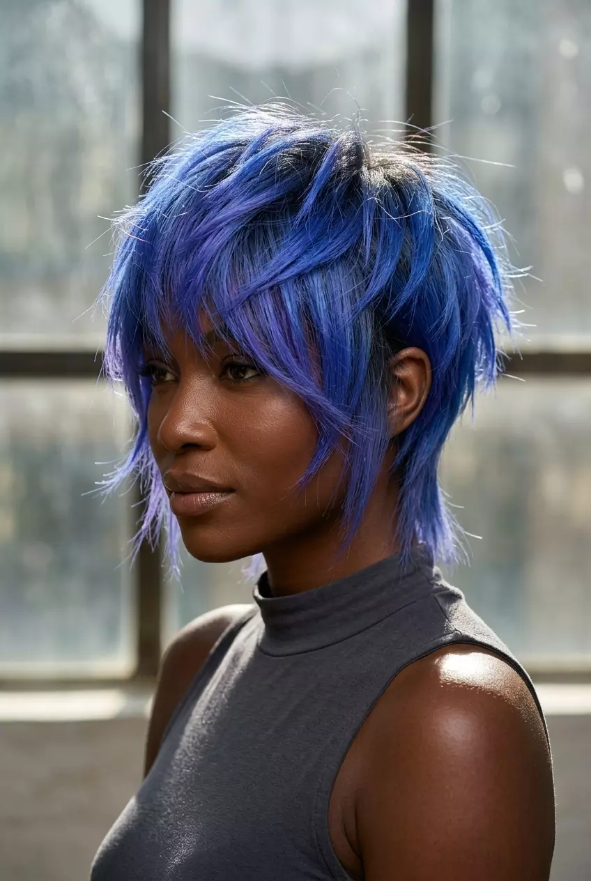 Punk Pixie Shullet 2026 short shag haircut in electric blue with violet undertones, razored fringe for festivals