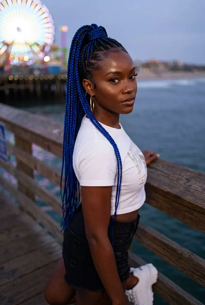 long electric cobalt braided ponytail with deep blue, edgy high shine for concerts