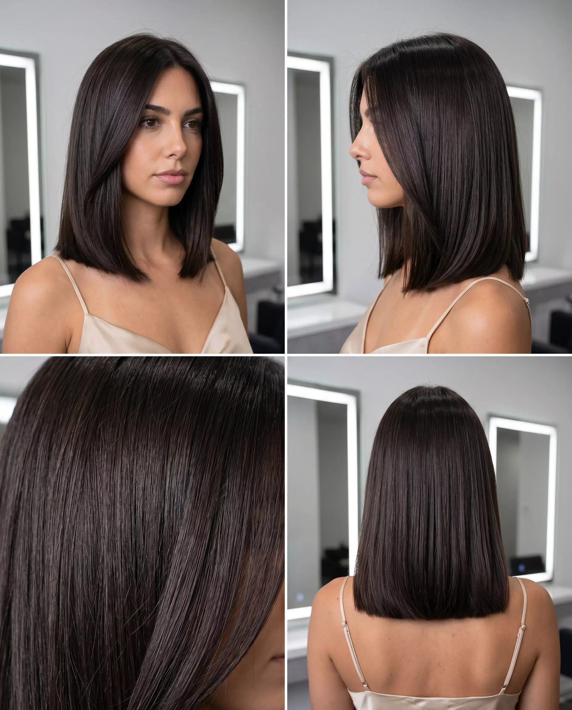 Espresso Brown Lob 2026: Glossy & Sleek chin-length espresso brown lob with cool undertones, blunt cut, no bangs — sophisticated modern style